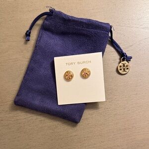 Tory Burch Gold Logo Button Stud Earrings with Navy Pouch